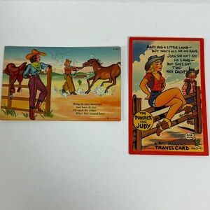 (2) Vtg 1940s Sexy Cowgirl Postcards BLANK rancher horse Puncher & Judy western